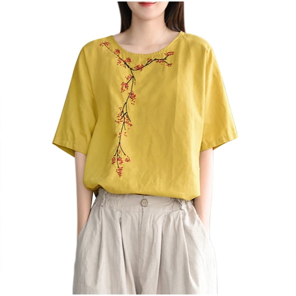V Cuello Blusas para las Mujeres, de Moda Retro Bordado Cuello Redondo Cinco Cuartos de Manga para el Uso Casual