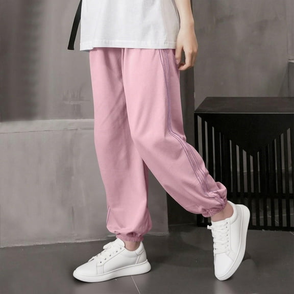 Eltusu Girls Cotton Sweatpants, Elastic Bottom Comfy Elastic Waist Casual Jogger Pants Pink Size 10-12 T