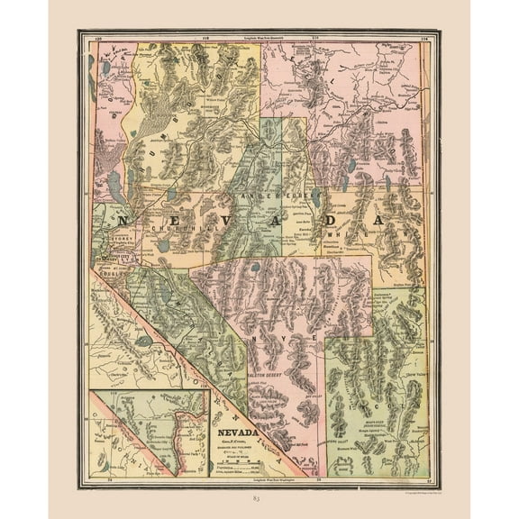 Historic State Map - Nevada - Cram 1888 - 23 x 28.28 - Vintage Wall Art