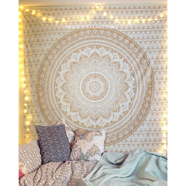 150*200cm/59x78inch White Golden Mandala Shadow Indian Wall Hangings/Golden Tapestry Mandala Hippie/Psychedelic Bohemian Curtains Oriental Decorations/Golden Tapestry Bedspread