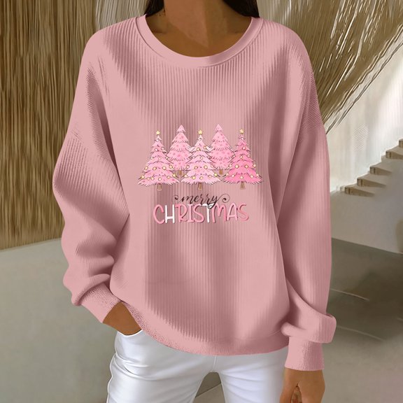 GuzomFashion Womens Pink Christmas Festive Sweatshirt - Loose Crewneck with Pink Tree & Merry Christmas Lettering, Inclusive Sizes S-XXXXXL,Size S