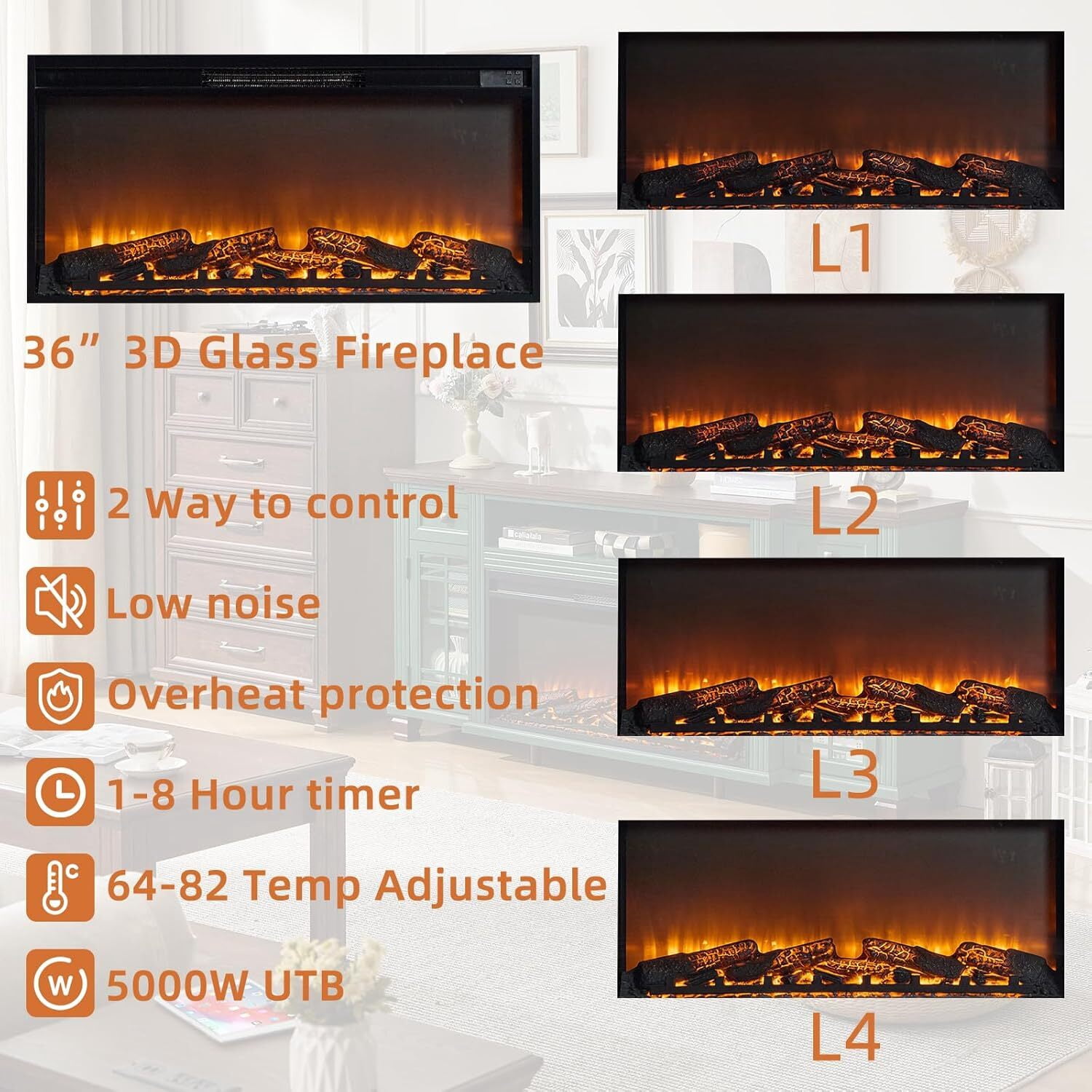 70" Fireplace TV Stand for TV up to 80", Entertainment Center with 36.5" Electric Fireplace Media Console Table for Living Room with Glass Shelves, Green
