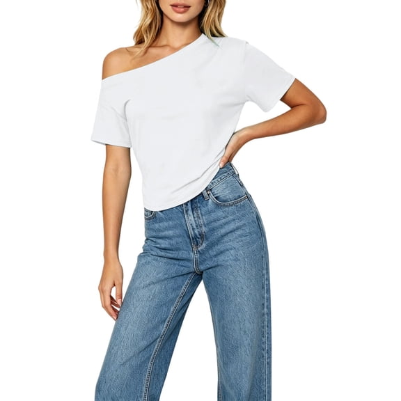fheaev Summer Blouses for Women Asymmetric Neck Short Sleeve Loose Fit Lightweight Solid Casual Top White L