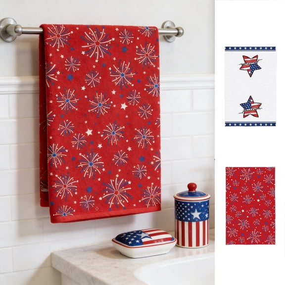 4th of July Patriotic Kitchen Tea Towels, 100% Cotton Quick-Drying Absorbent Red White Blue Towels, Lint-Free for Holiday Housewarming Independence Day Kitchen Table Decor, A