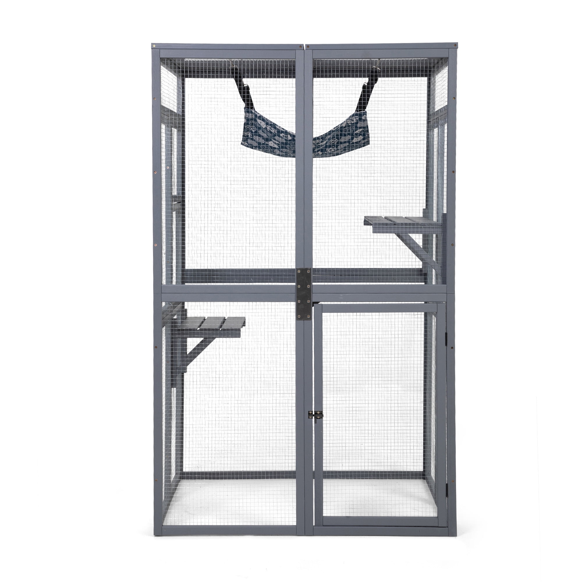 Pefilos 64" Cat House Outdoor Catio Cat Enclosures Wooden Kitty House with Platforms, Waterproof Roof, Hammock, Gray
