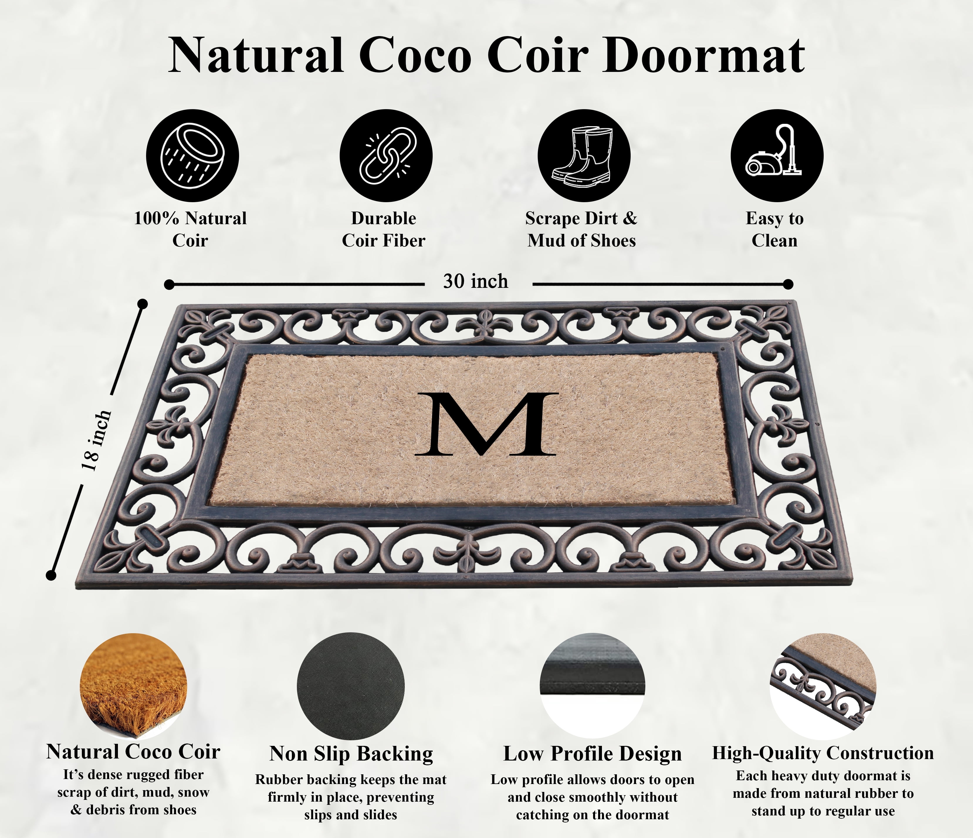 A1HC First Impression Classic Paisley Border Bronze 18 in. x 30 in. Rubber and Coir Monogrammed M Door Mat