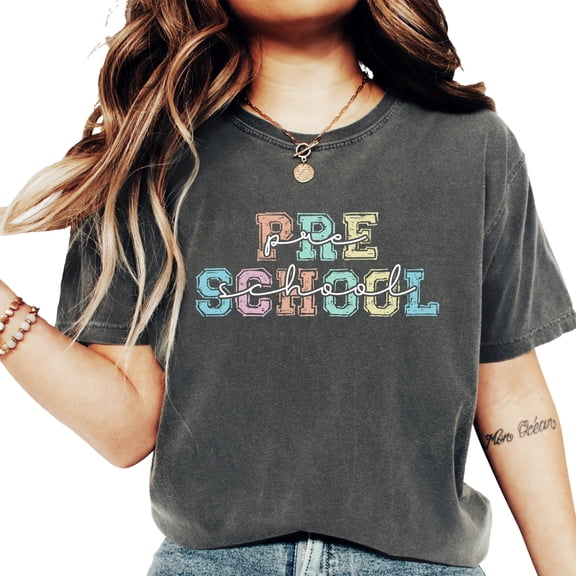 Preschool T-Shirt for Teacher Women's Bold Colorful Font Pre School Tee Pepper Shirt Adult Small