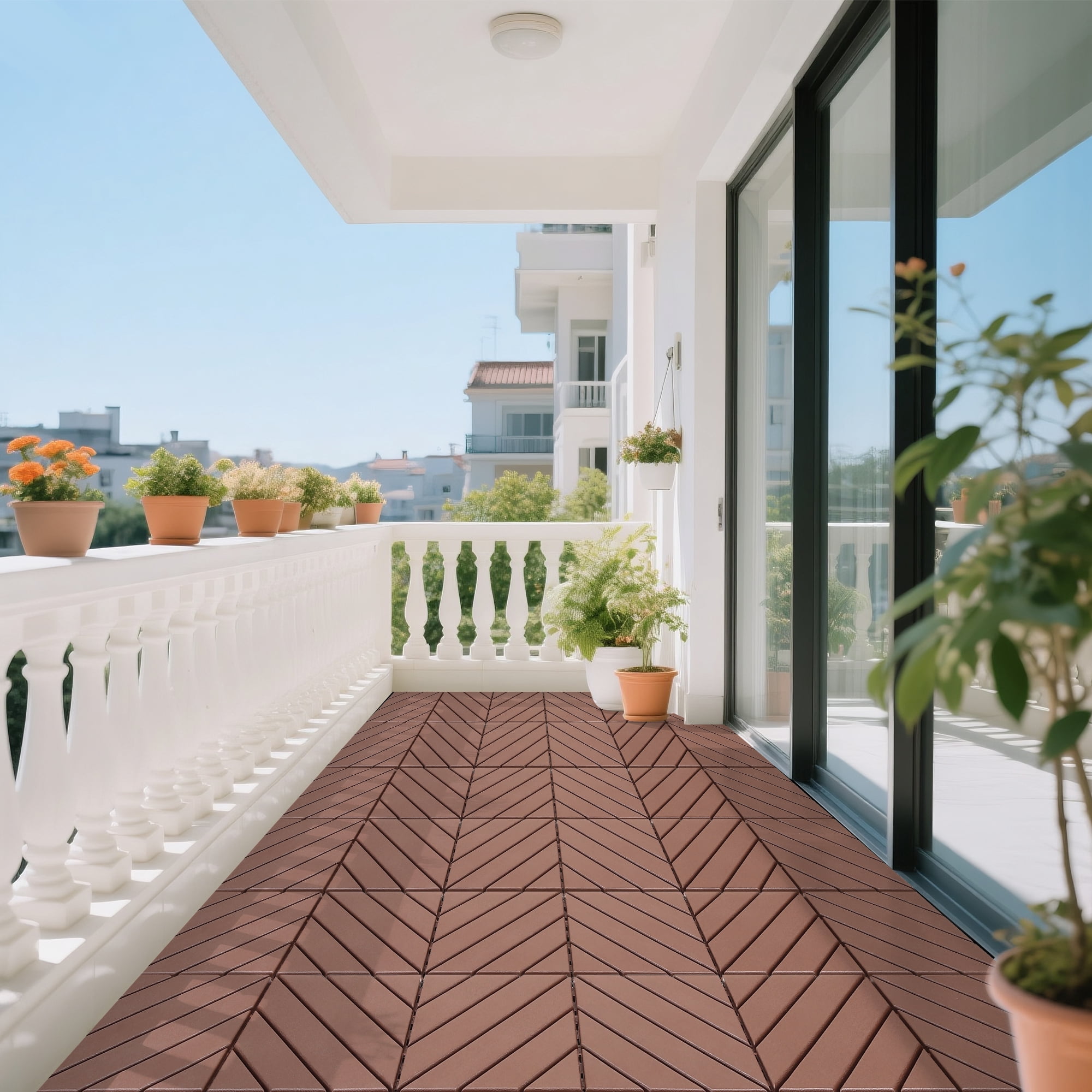 44 Pack Plastic Interlocking Deck Tiles,12"x12" Waterproof Indoor/Outdoor Floor Tiles,All-Weather Patio Floor Decking Tiles for Garden,Lawn,Porch,Poolside,Balcony,Style 01,Brown