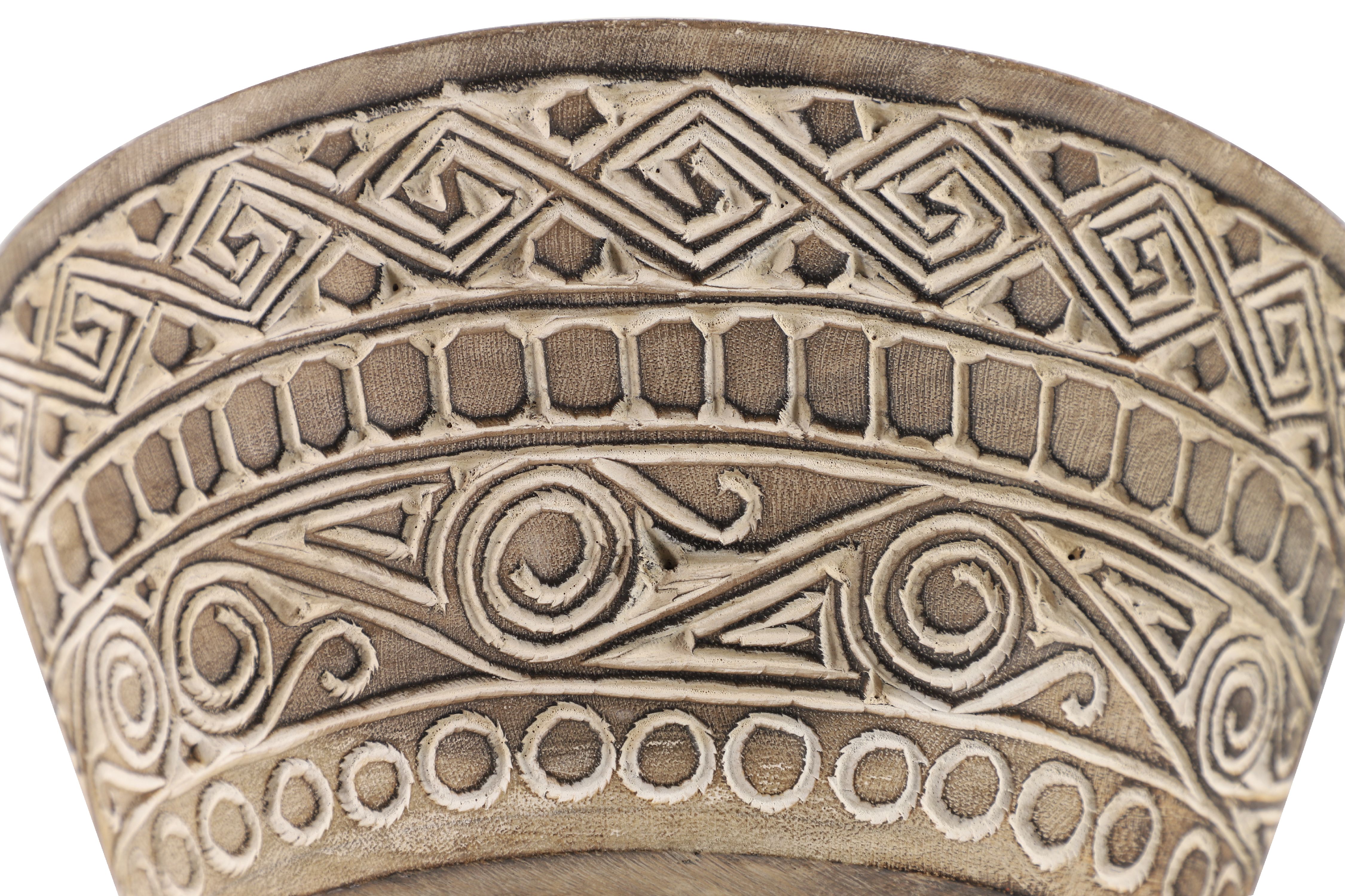 Decmode Large Round Decorative Hand-Carved Brown & White Wood Bowl w/ Tribal Design, 15.5” x 7”