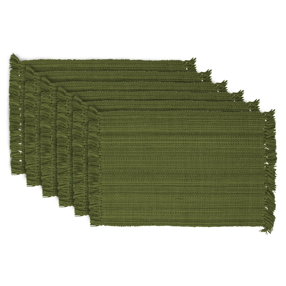 Set of 6 Variegated Olive Green Rectangular Placemats with Fringe