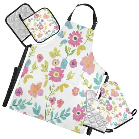 

5-Piece Kitchen Apron Set with Heat-Resistant Gloves & Insulation Mats for Cooking Baking BBQ Vibrant Flower