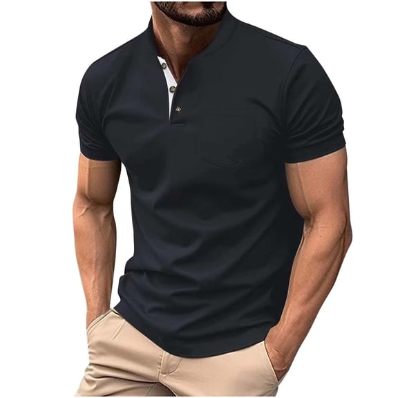 Qgtaibl Henley Short Sleeve Shirts for Men Summer Basic Pocket T-Shirt Slim Fit Muscle Gym Tee Lightweight Outdoor Athletic Tops Dark Blue,S