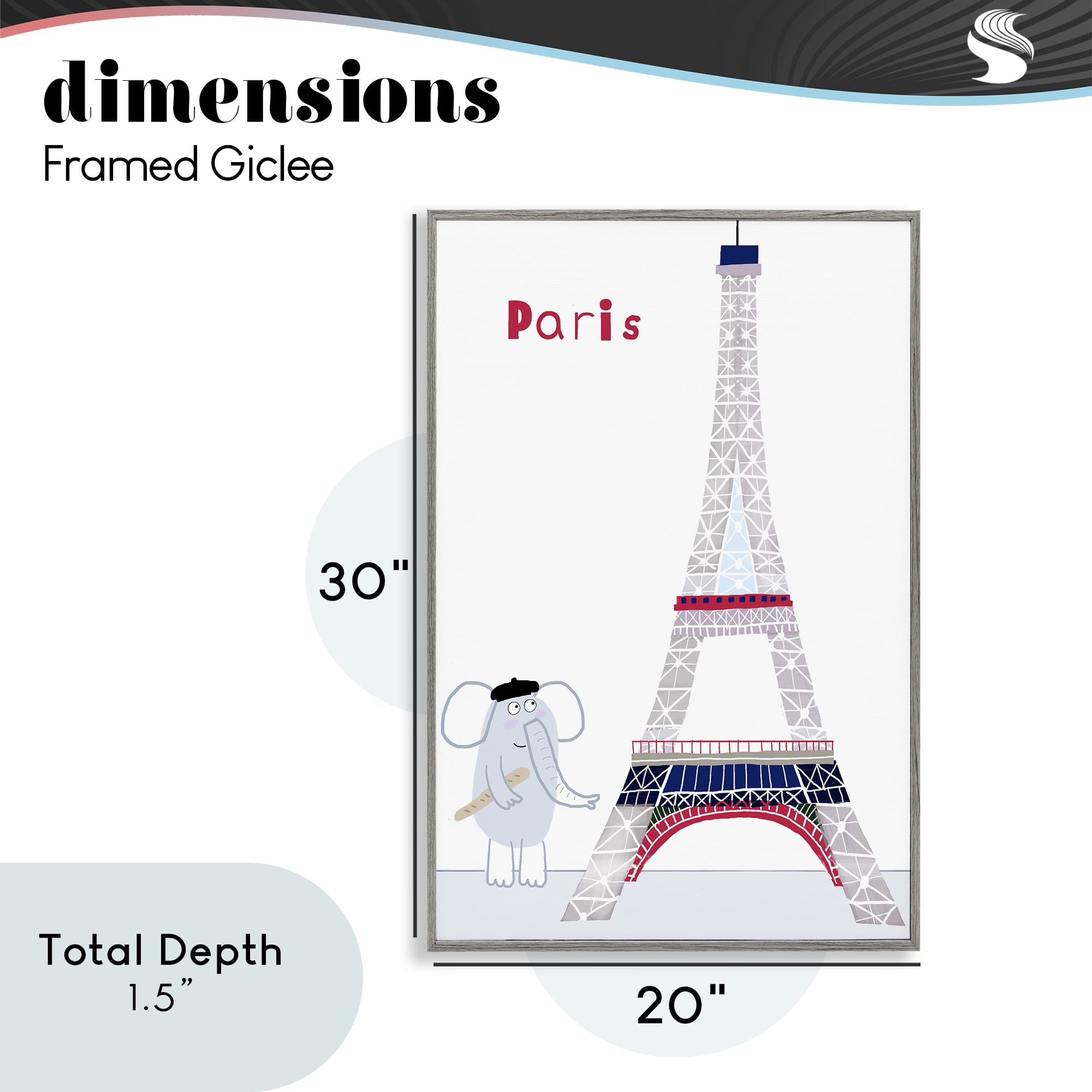Elephant & Eiffel Tower Gray Framed Giclee Art, design by Carla Daly