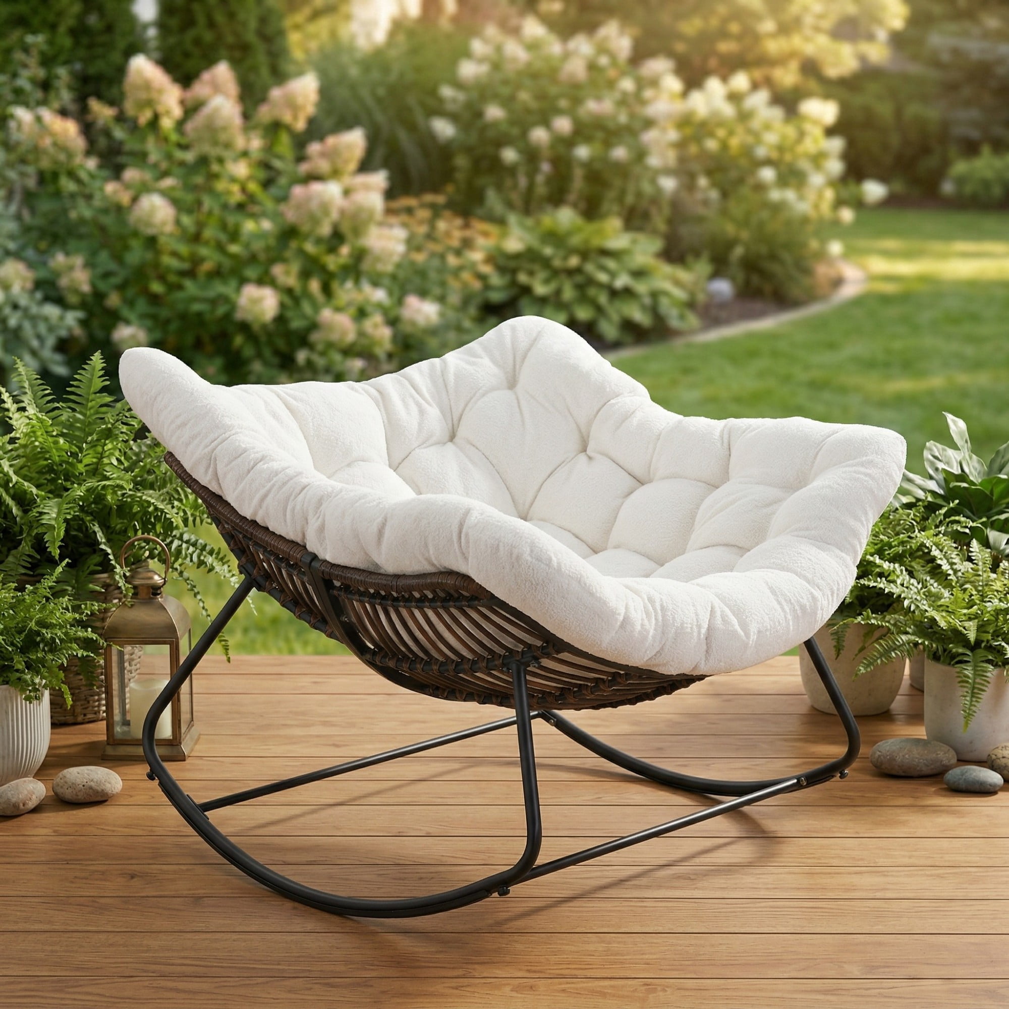 Outdoor Papasan Rocking Chair Oversized, Rattan Egg Rocker Chair with Padded Cushion, 400lbs Patio Wicker Rocking Chair for Living Room Porch Backyard, White