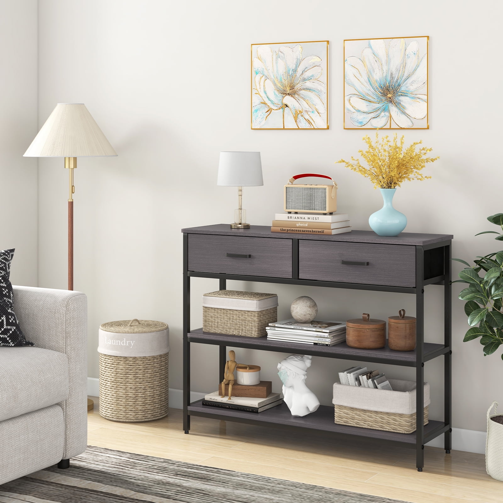 Giantex 3-Tier Entryway Table, Sofa Side Table w/2 Large Drawers & Anti-toppling Device, Console Table w/Metal Frame