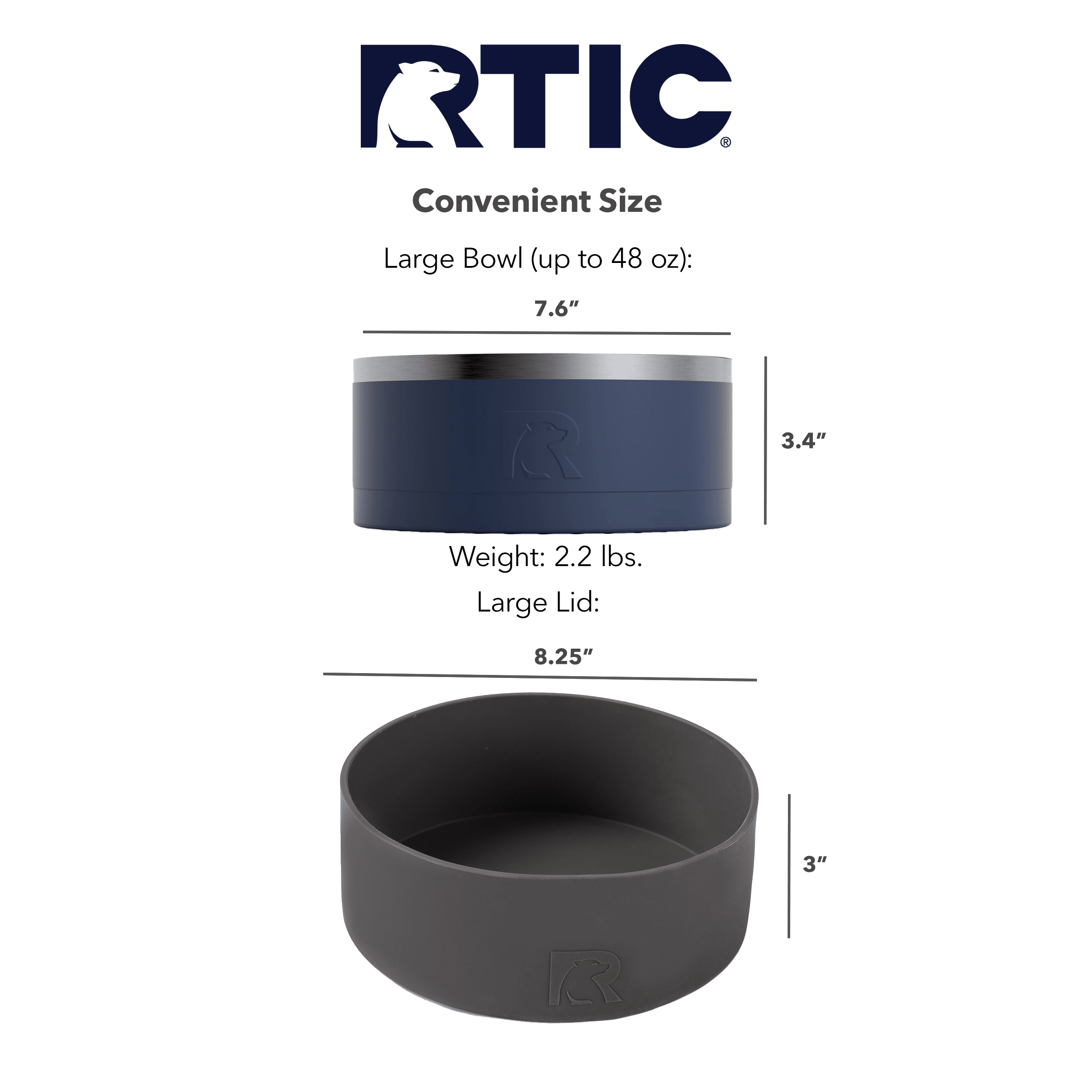 RTIC 3-in-1 Dog Bowl, Large, Stainless Steel Insulated Bowl, Silicone Lid, Navy & Graphite