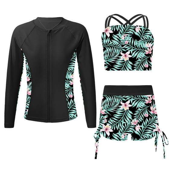 YONGHS Girls 3 Piece Rash Guard Tankini Set Floral Bikini with Long Sleeve Zip Shirt Swimwear Bathing Suit Black-B 14