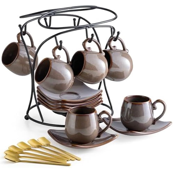 3oz Coffee Espresso Cups with Saucers Set of 6, Ceramic Small Coffee Cups with Holder and Spoons, Cute Demitasse Cups for Espresso, Latte, Mocha, Housewarming Gift - Farmhouse, Brown