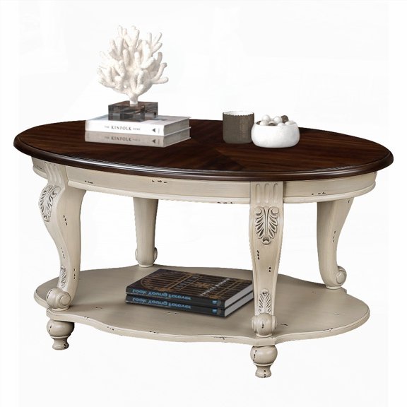 42" Oval Solid Wood Coffee Table for Living Room with Open Storage Shelf, Easy Assembly in Beige and Espresso
