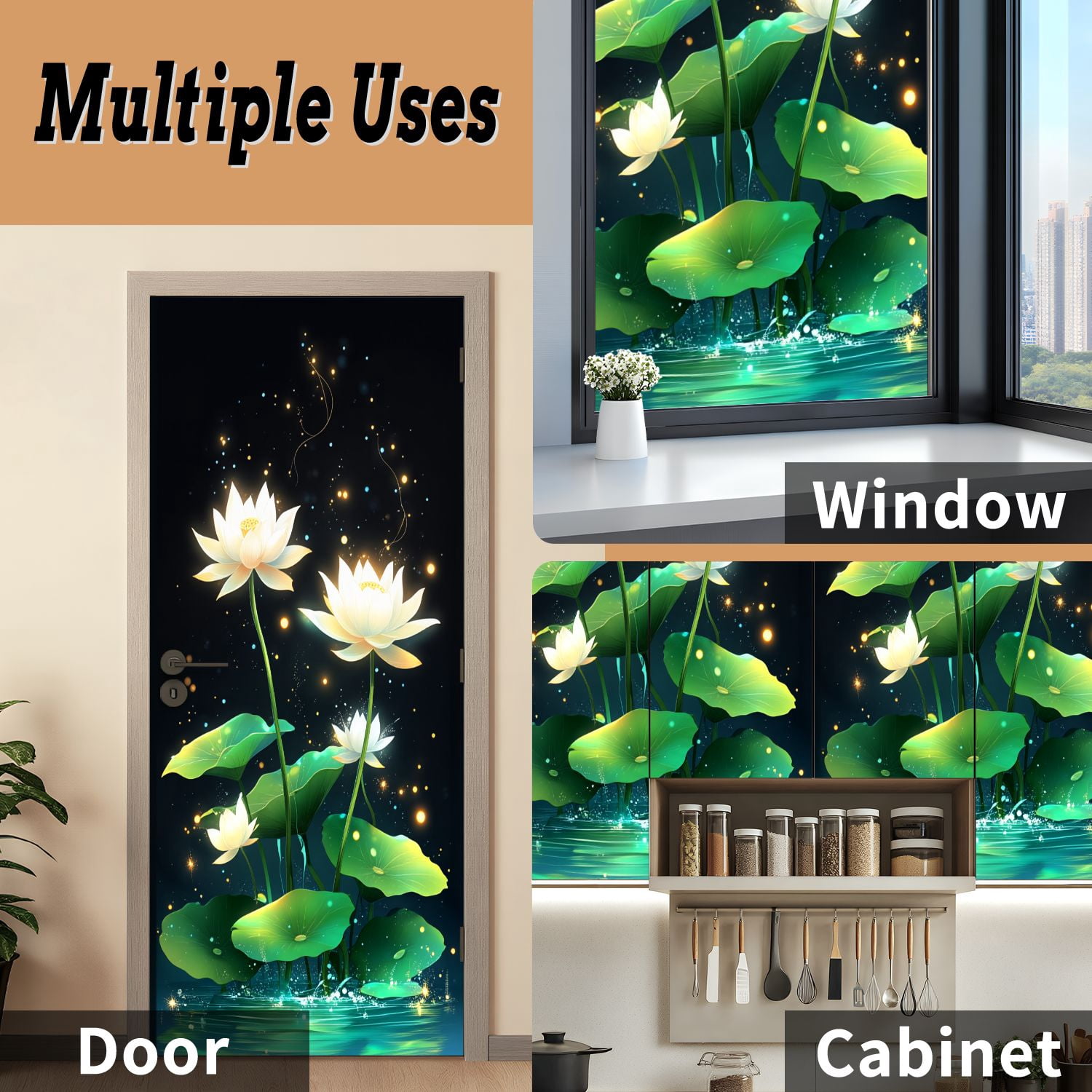 Self Adhesive Vinyl Refrigerator Wrap Set Glowing Lotus Flowers Tranquil Water Sparkling Spiritual Door Mural Removable Fridge Sticker Peel and Stick&nbsp;Full Door Cover Decal Kitchen Bar Decor
