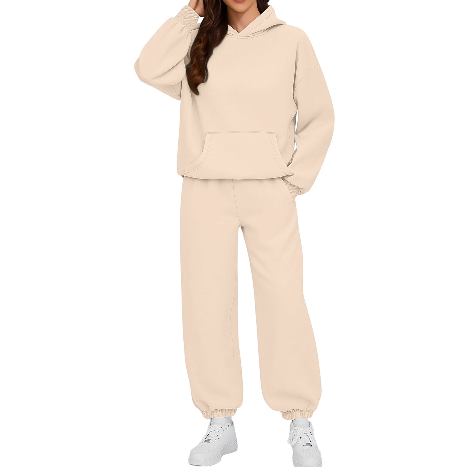 UPPADA 2 Piece Set for Women Casual Two Piece Outfits Lounge Set Trendy Hoodies Matching Comfy Set and Jogger Suits Long Sleeve Sweatshirts Sweatpants Set Beige,M