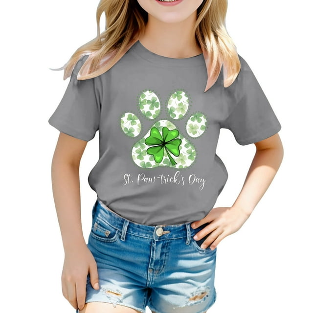 LUOGENLI T-Shirt pour Filles Enfant Filles Pâques Mignon Saint Pat Col Rond Manche Courte Tee Été Décontracté T-Shirt Maxi Hauts Petite Gris 1-2 Ans