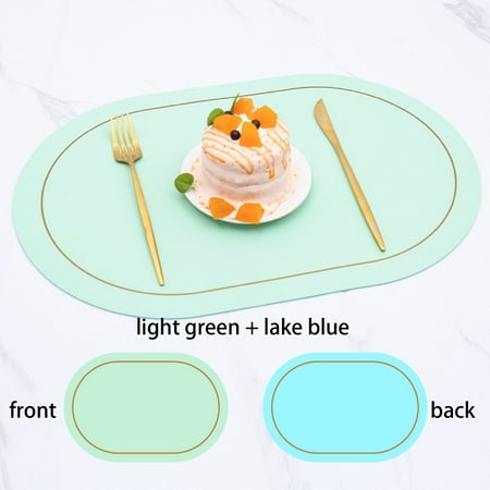 

European-style two-color oval leather placemat for hotel home use waterproof oil-proof and heat-insulating dining table mat (Light green M)