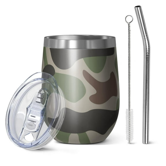 Camouflage 12oz Stainless Steel Insulated Wine Tumbler with Lid and Straw – Double Wall Vacuum Mug for Hot & Cold Drinks, 304 Steel Interior, Sweat-Free Design