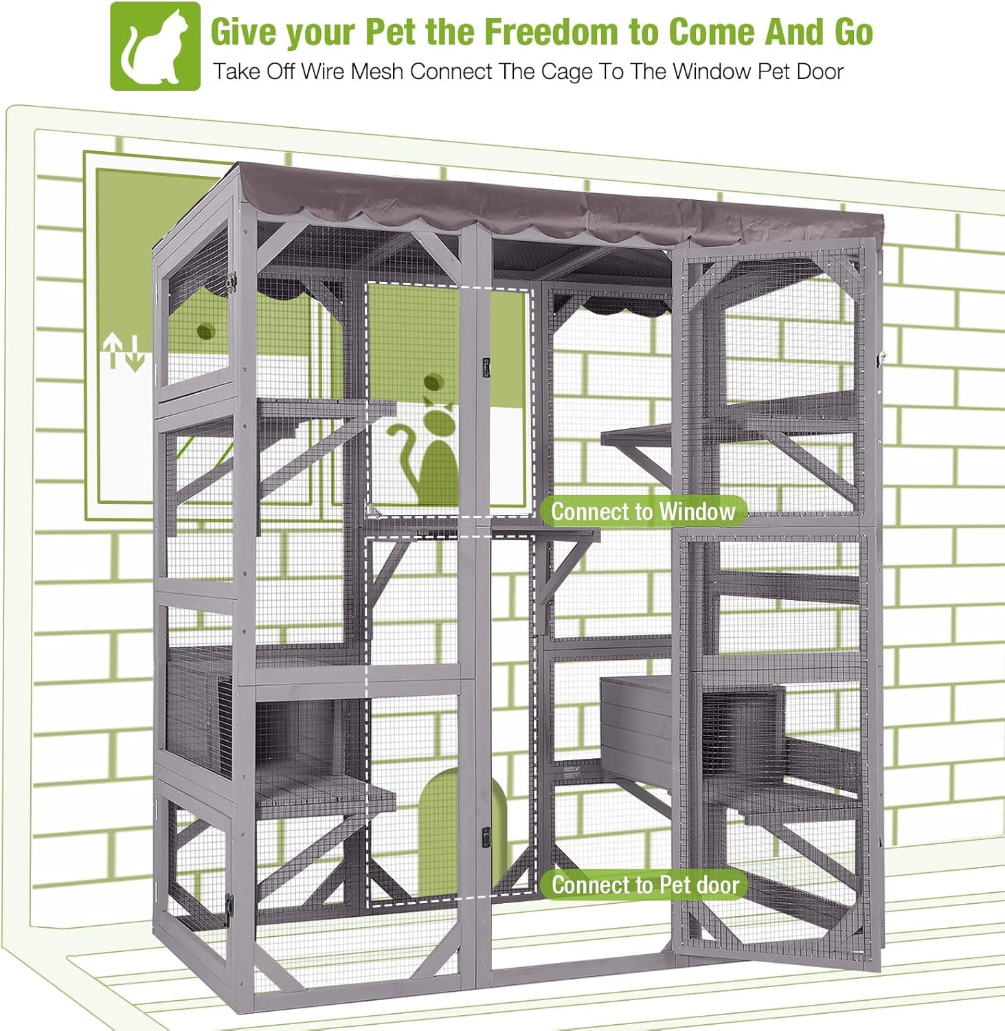 MEDEHOO Catio Outdoor Cat Enclosure Large Walk in Window Cat House for Mulitiple Cats with 7 Platforms and 2 Resting Box,Tarp Roof,71 inch