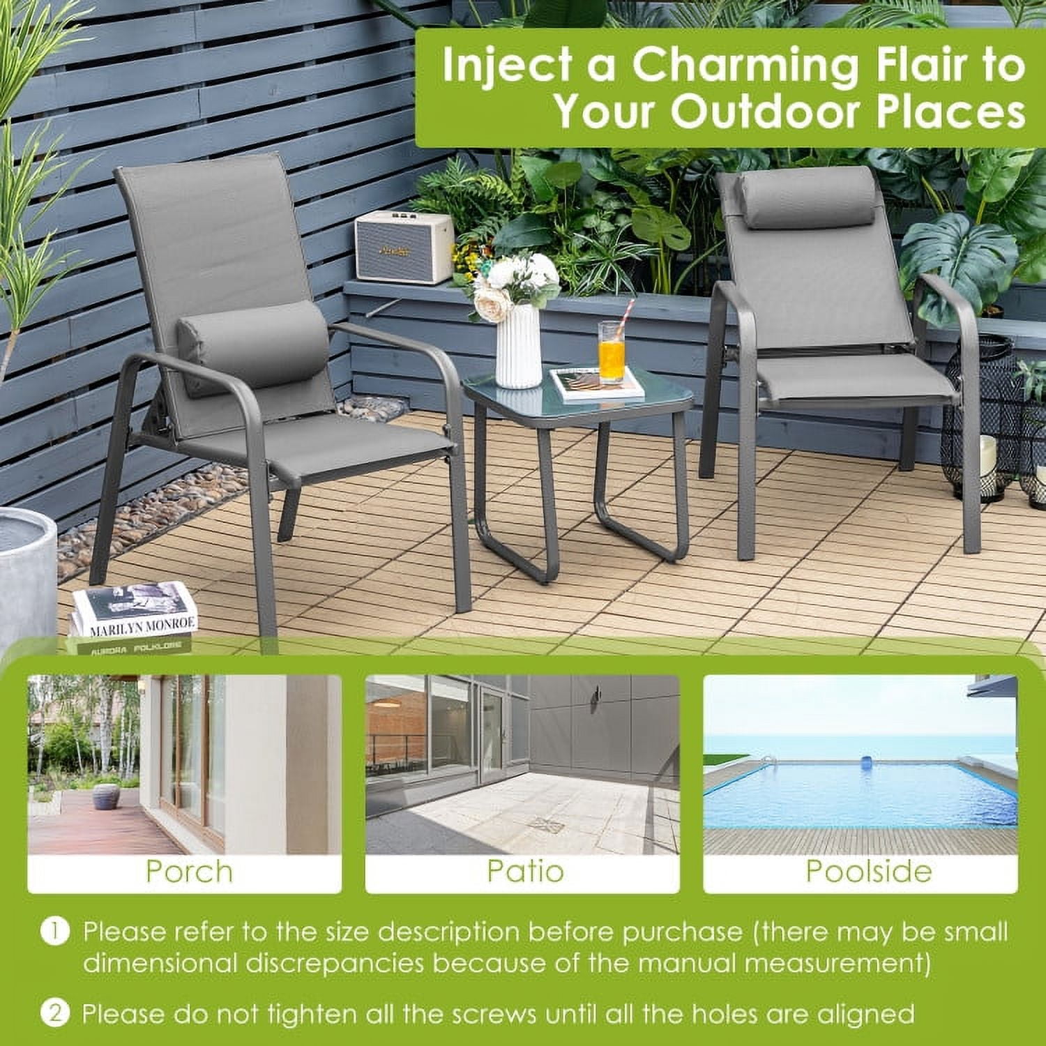 Aimee Lii 3 Pieces Outdoor Patio Furniture Set, Patio Bistro Furniture Set with Adjustable Backrest, Gray