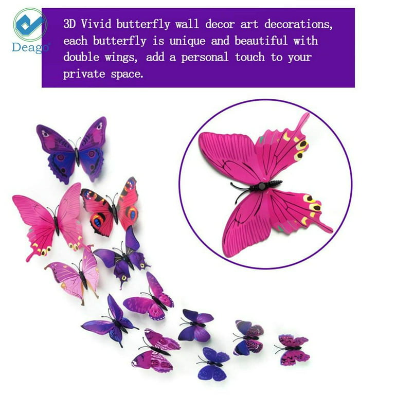 Trubetter 24 Pcs Purple 3D Butterfly Removable Mural Stickers Wall Stickers Decal Wall Decor for Home and Room Decoration