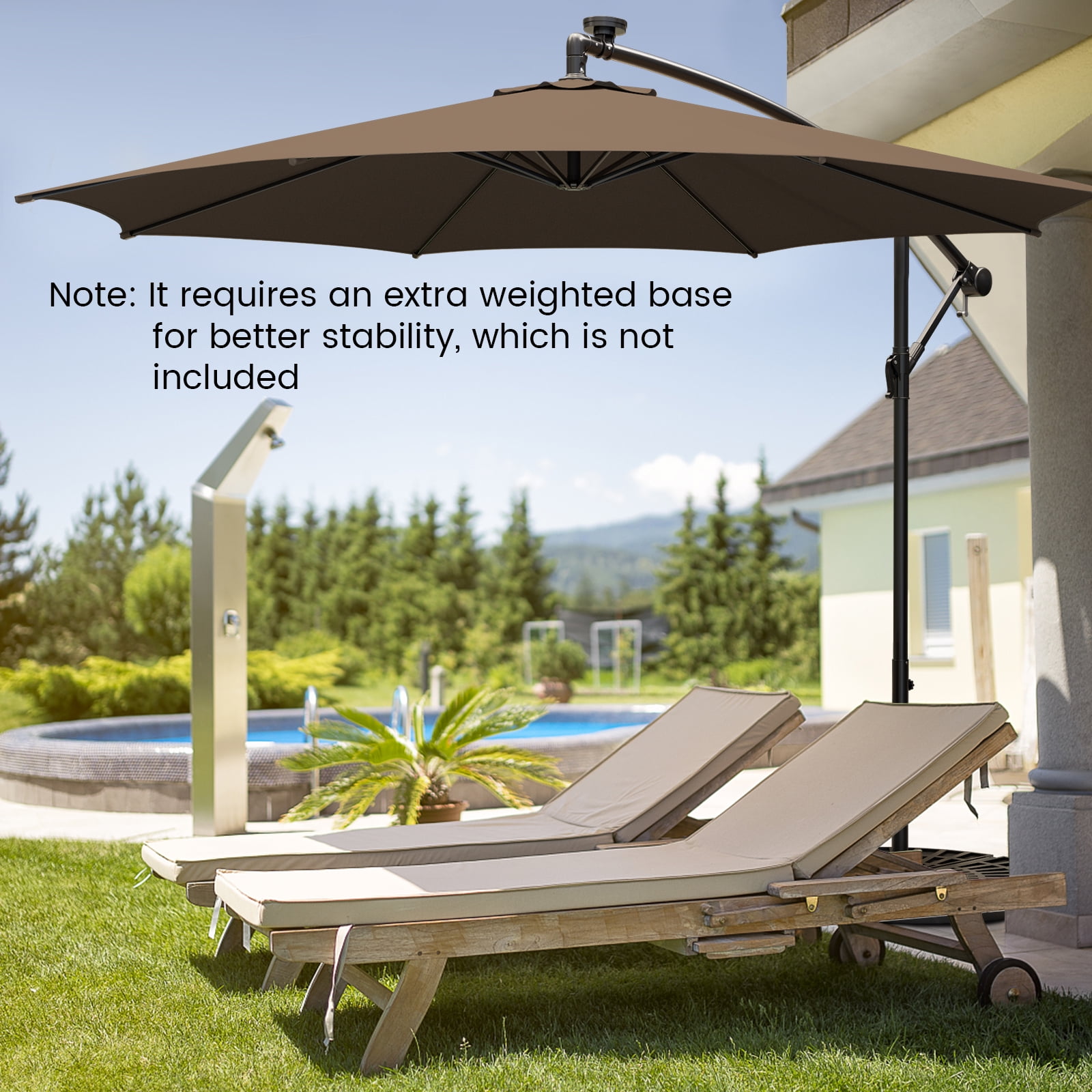 Topbuy 10FT Solar Offset Umbrella Tilted Cantilever Umbrella with 112 LED Lights Lighted Patio Sun Shade with Crank Handle Coffee