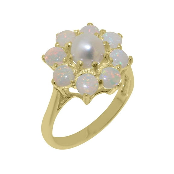 LBG British Made 9k Yellow Gold Cultured Pearl & Opal Womens Statement Ring - 33 size options - Size 10