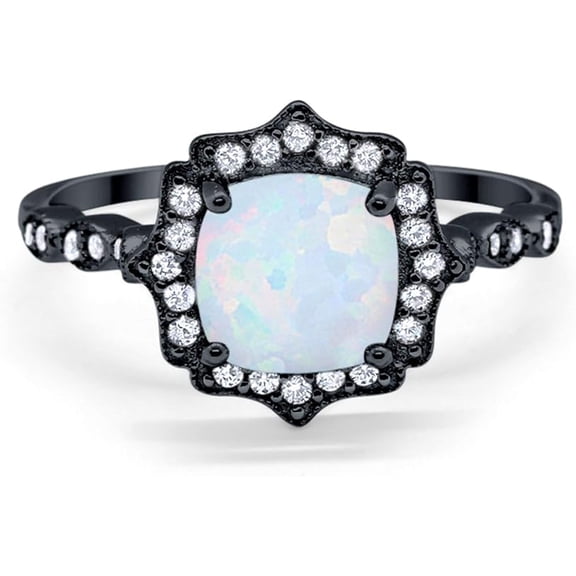 Divine Creation 2.00 Ct Cushion Cut Fire Opal Wedding Engagement Halo Ring 14K Black Gold Plated 925 Sterling Silver For Women's -4