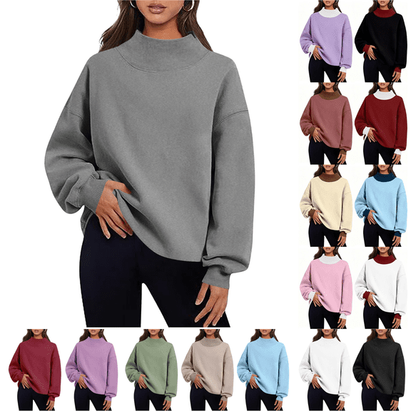 Yeaiivve Womens Oversized Sweatshirts Solid Color Mock Neck Pullover Long Sleeve Wide Collar Tops Loose Fit Workout Athletic Sweatshirt for Women White,S