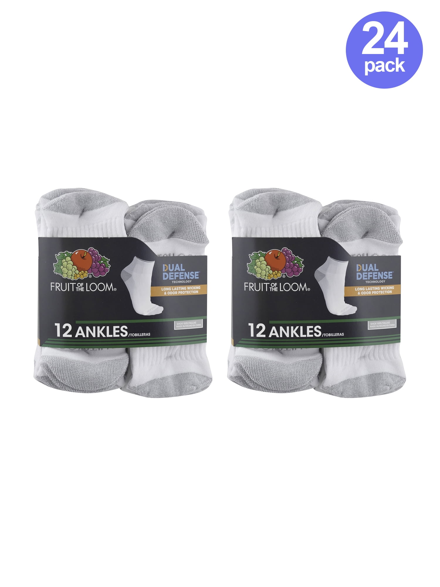 Fruit of the Loom Men's Dual Defense Ankle Socks Extra Value 24 Pack
