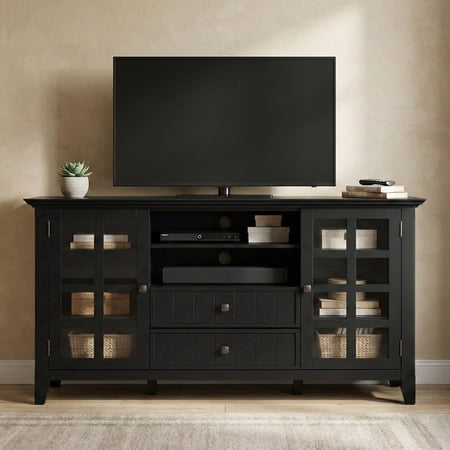 Simpli Home Acadian 53 inch Wide Solid Wood Transitional Tall TV Stand in Black For TVs up to 60 inches