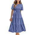 thumbnail image 1 of QIPOPIQ Robes pour Femmes Robe Plissée Taille Haute à Volants Manches Courtes Robes Décontractées Sexy Robe d'Été Tendance Col Rond Robe Plissée Couleur Unie Offres 2023, 1 of 6