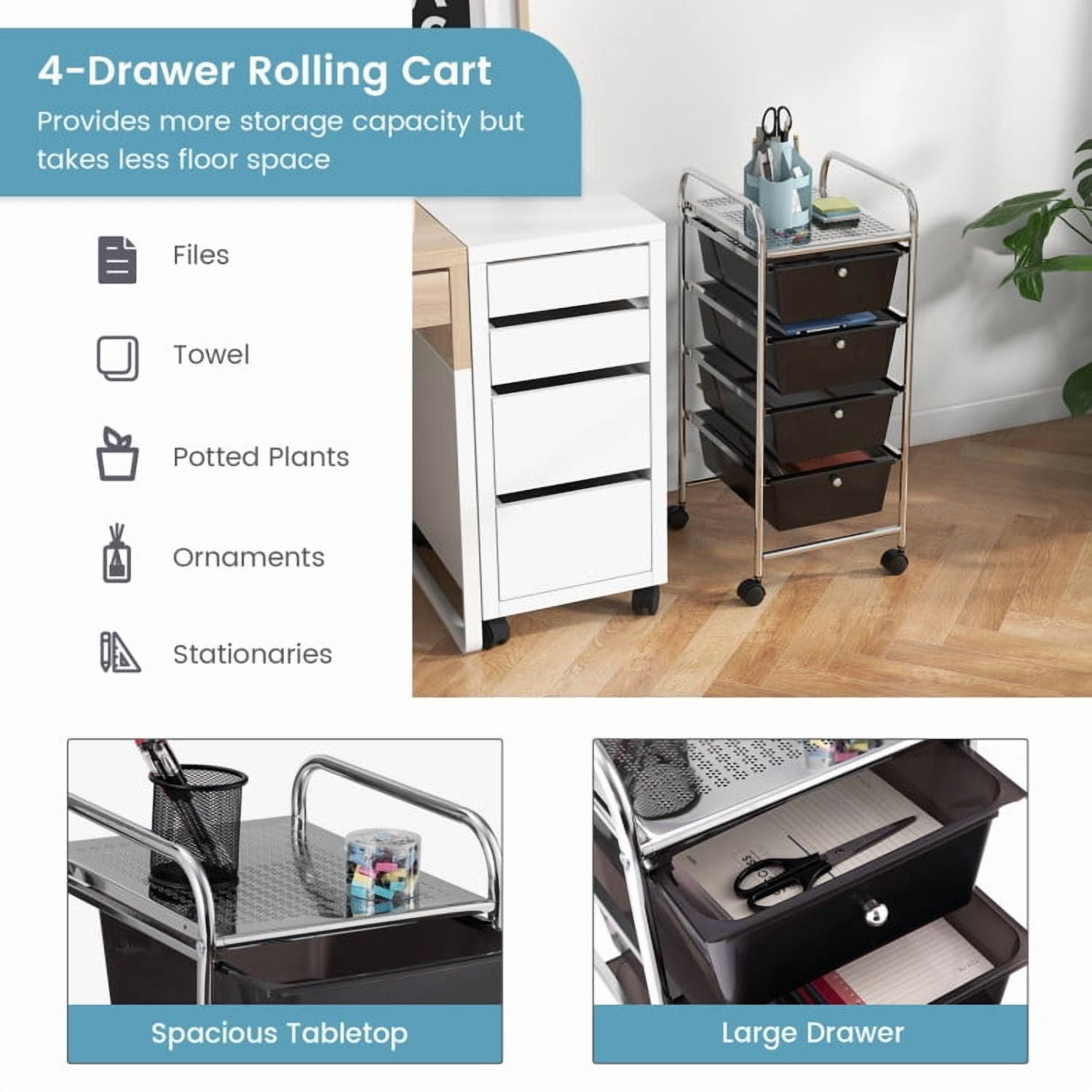 Spaco 4-Drawer Cart Storage Bin Organizer Rolling with Plastic Drawers-Black, Craft Organizers and Storage, Multipurpose Organizer Cart for Home, Office, School