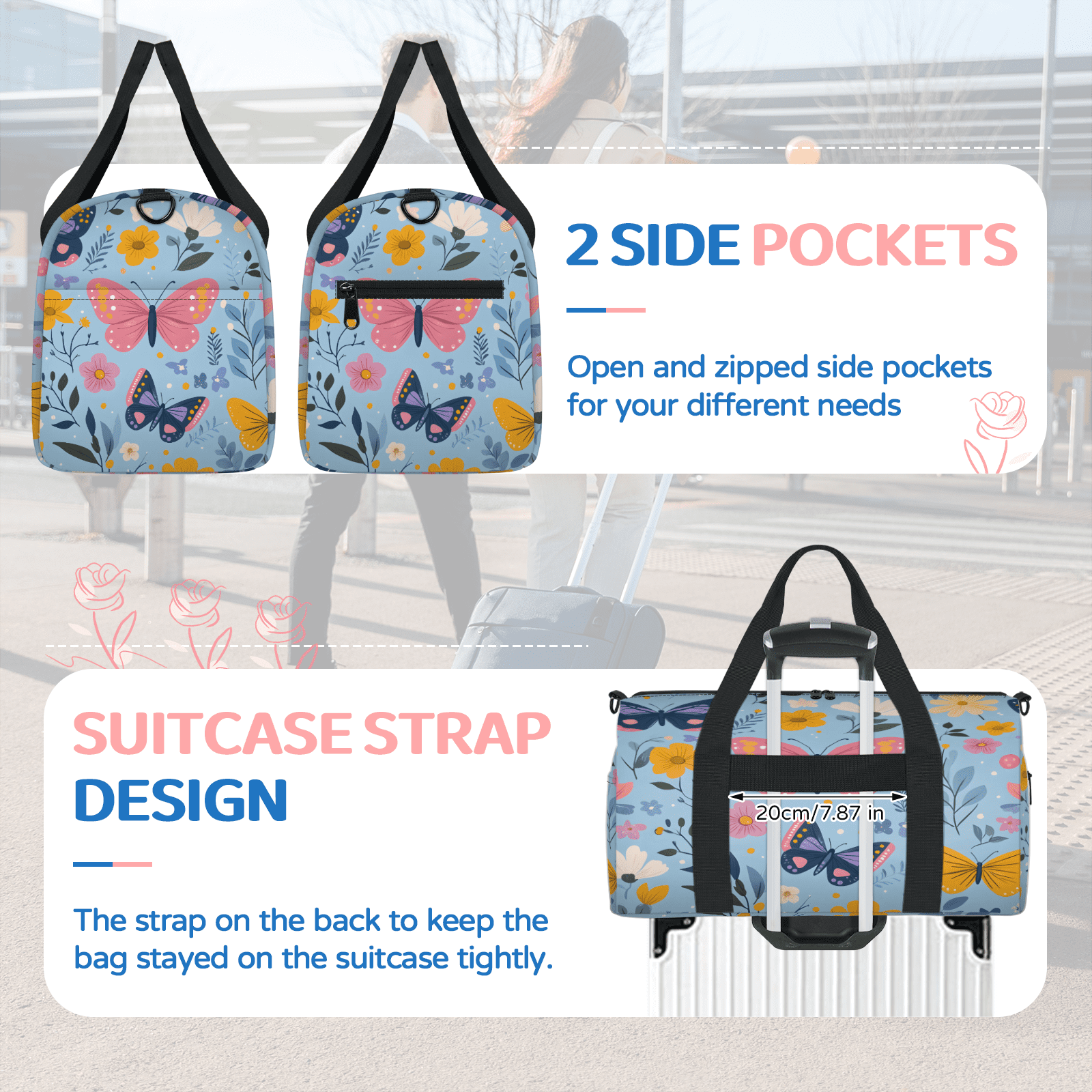 Herdesigns Butterfly Gym Bag for Women, Duffle Bag for Travel Sport, Floral Lightweight Waterproof Carry on Weekender Dance Yoga Workout Bags