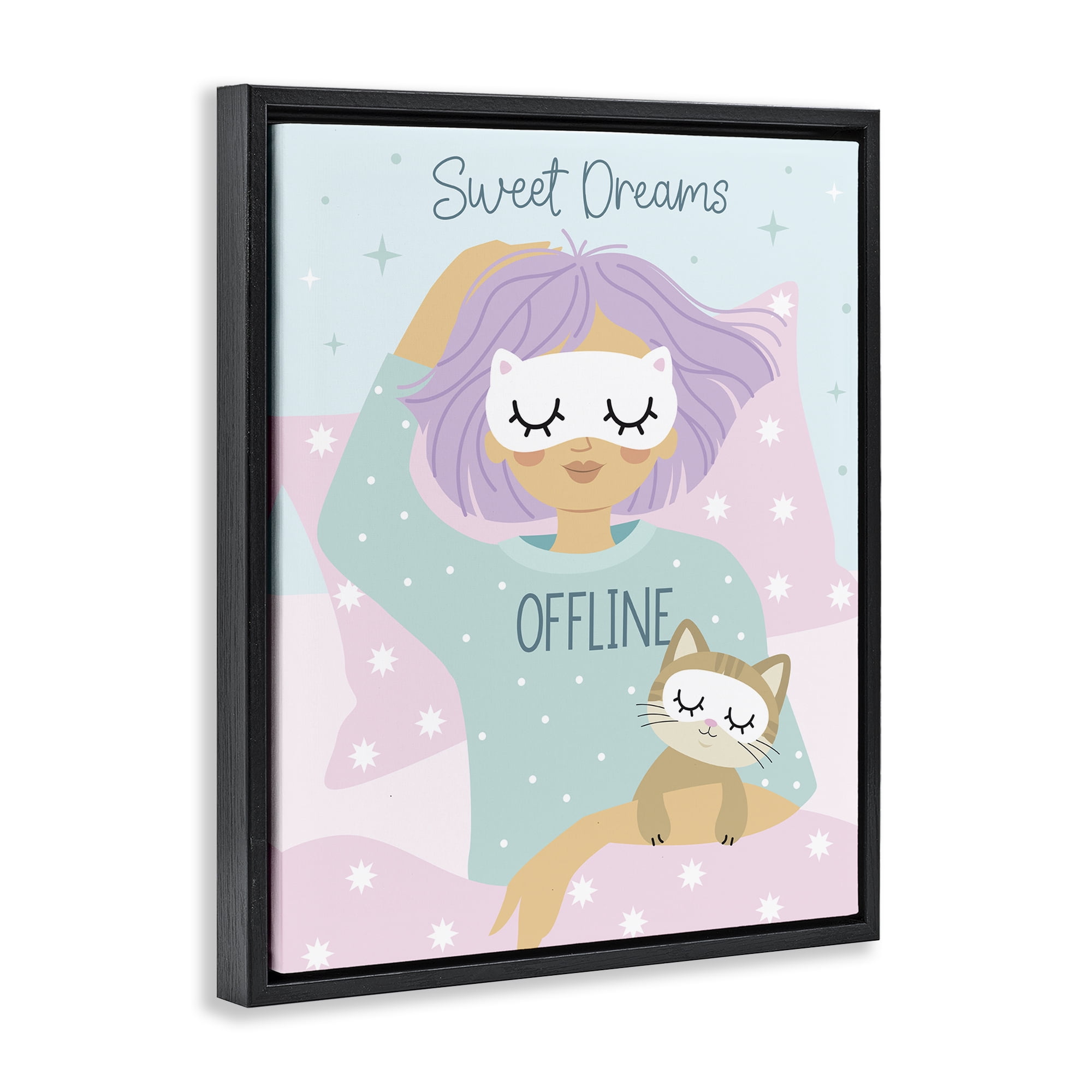 Stupell Industries Sweet Dreams Girl & Cat People Painting Black Floater Framed Canvas Art Print Wall Art, 25 x 31