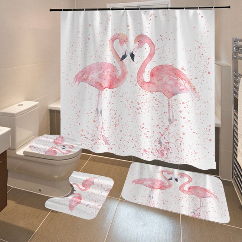 4Pcs Bathroom Flamingo Shower Curtain Pedestal Rug Lid Toilet Cover Bath Mat Set 