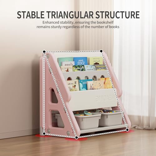 UNICOO® Toddler 3 in 1 Art Board Bookshelf and Organizer, 2-Tier Bookshelves with Storage Rack & Bins, Retractable Drawing Board, Lightweight & Compact for Nursery, Playroom (Pink & White)