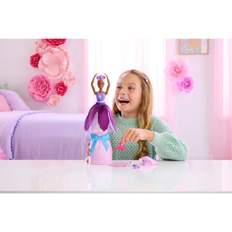 doll with purple dress Barbie Petal Pop Scented Fashion Doll with Purple Dress, Reveal Accessories  like Bunny & More
