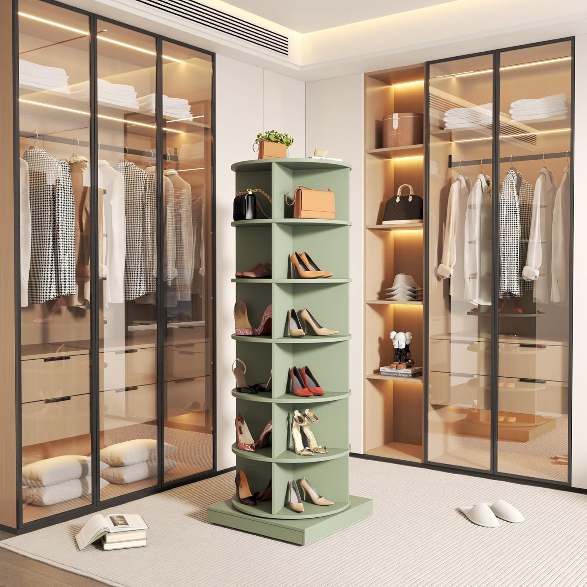360 Degree Rotating Shoe Rack Tower, Vertical Space-Saving Shoe Storage Organizer Cabinet, Circular Rotating Shelf for Shoes Handbags, Entryway Hallway Use, Green