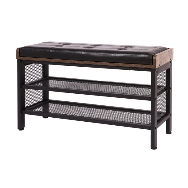 Banco Zapatero de 3 Niveles con Asiento Acolchado de PU y Estructura de Metal (Negro)