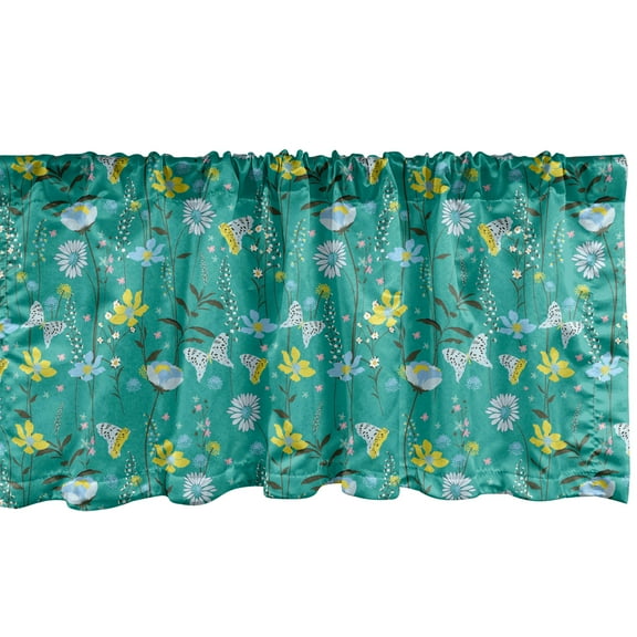 Ambesonne Floral Window Valance, Wild Flowers and Butterflies, 54" X 18", Dark Seafoam and Multicolor