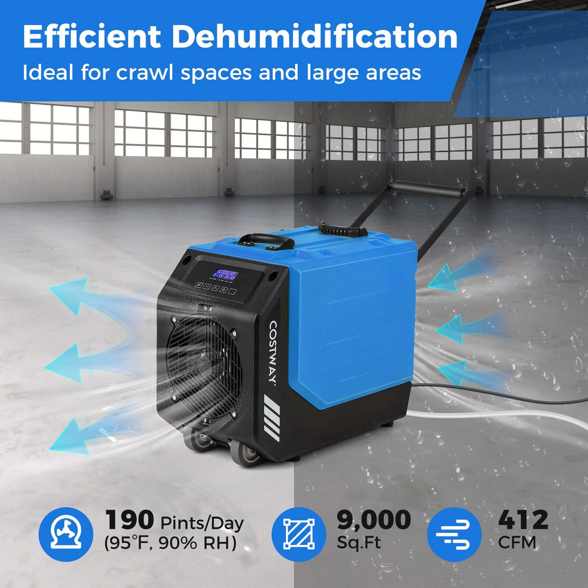 Costway 50-Pint(DOE) Commercial Dehumidifier Rotational Molded Industrial Dehumidifier with Pump Blue 9,000 Sq.ft Coverage Area (MAX 190Pint at 95°F, 90%RH)