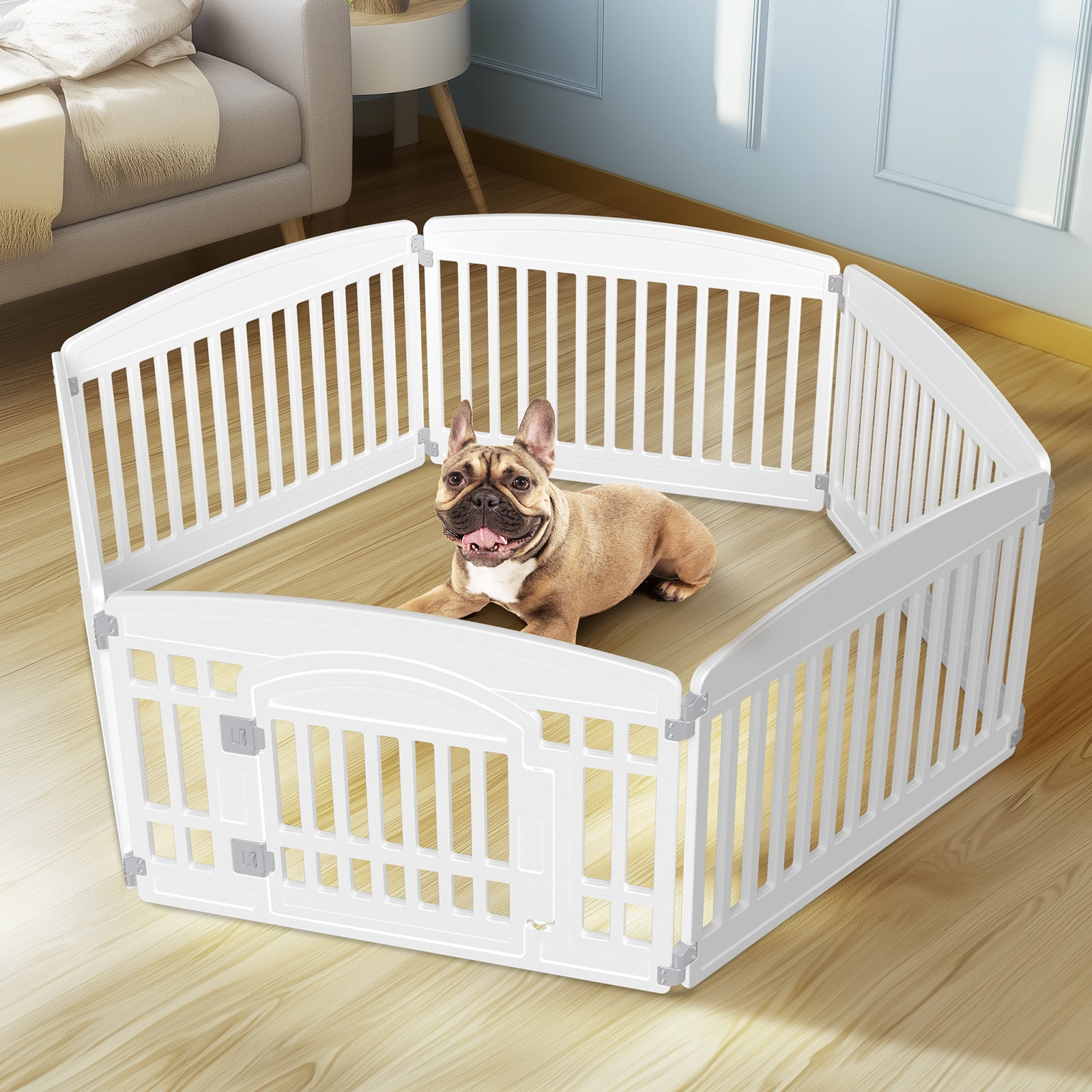 edx Dog Playpen, 6-Panel 24" Foldable Pet Pen with Door & Pet Safety Lock, Indoor/Outdoor Puppy Playpen, Customizable, White