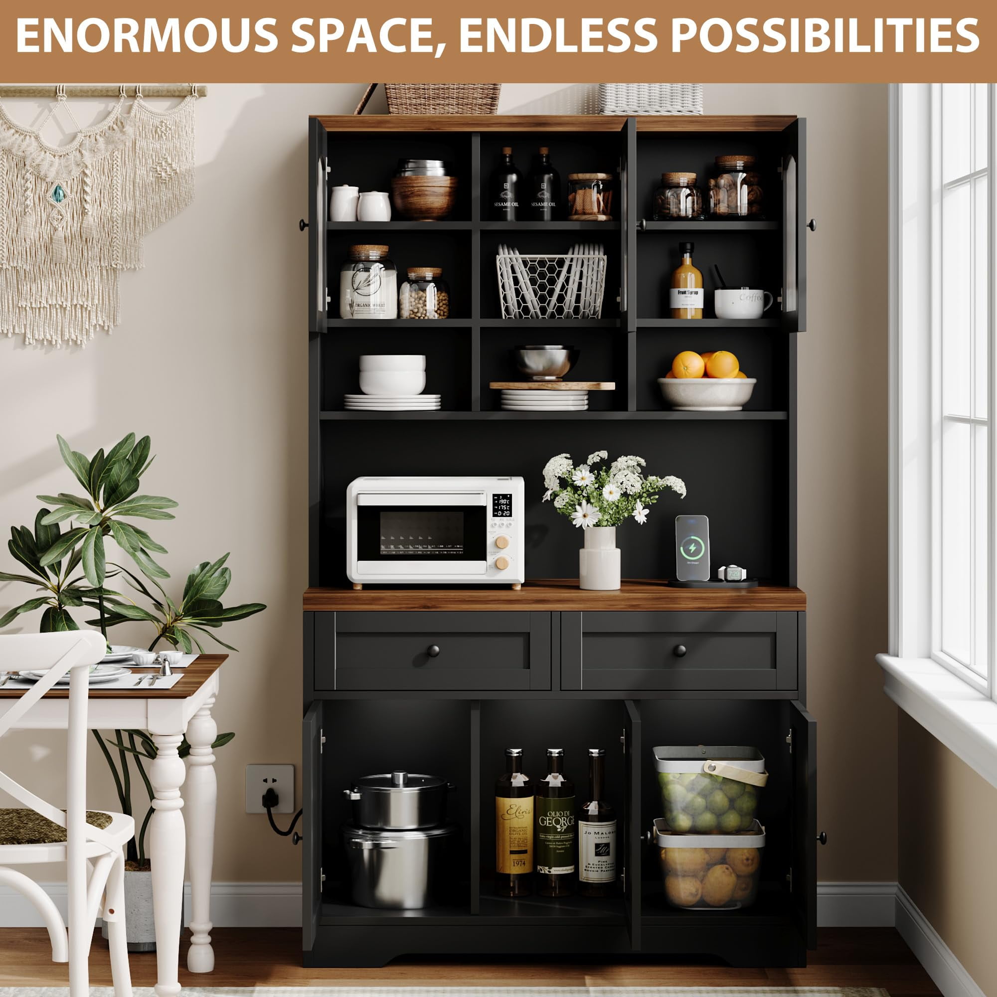 70.8" Tall Kitchen Pantry Cabinet with Charging Station, Storage Cabinet with Hutch, Fluted Glass Doors for Dining Room, Black